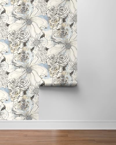 NextWall Harry & Grace Ink Rose Abstract Floral Peel and Stick Wallpaper (Blue Mist & Stoneware) - color: Blue Mist & Stoneware