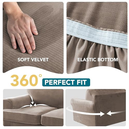 Turquoize T Cushion Sofa Slipcover 3 Piece Sofa Covers for 2 Large Cushion Couch Thick Velvet Couch Cover Stretch Furniture Covers with 2 Individual T Cushion Covers, Washable (2 Cushion Sofa, Taupe) - color: Taupe, size: Sofa (2 Cushion)
