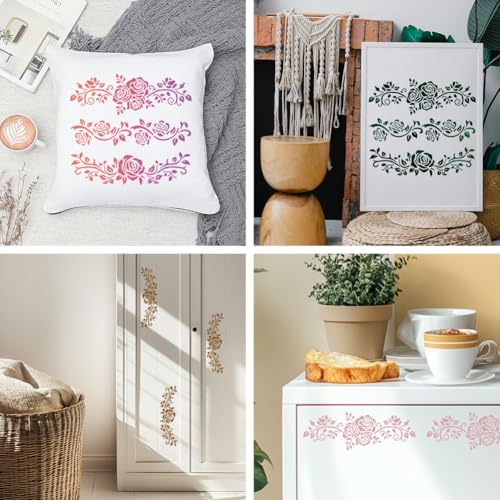MAYJOYDIY Rose Lace Border Stencil Floral Vine Art Stencils 11.8×11.8inch Reusable Plants Craft Stencils with Paint Brush Flower Border Template for Craft on Window Wood Wall Home Decor - style: Rose Lace Border