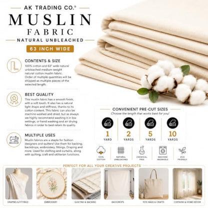 AK TRADING CO. Muslin Fabric/Textile Unbleached - Draping Fabric - Natural 10 Yards Medium Weight - 100% Cotton (63in. Wide) - color: Natural Unbleached, size: 10 Yards