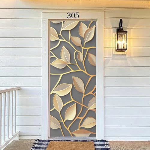 arricraft 2 Sheets Golden Tree Branches Self-Adhesive Door Sticker, 31.5x78.7inch Tree Branches Leaves Door Murals Stickers PVC Removable Wallpaper Decoration for Bedrooms Living Room - style: Golden Tree