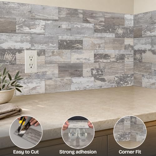 StyloVue 100 Pieces Peel and Stick Backsplash for Kitchen, 3" x 6" PVC Subway Tile Upgraded Distressed Wood Backsplash Stick on Tile Elevate Kitchen, Bathroom, Fireplace,RV - color: Distressed Wood