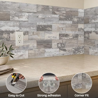 StyloVue 100 Pieces Peel and Stick Backsplash for Kitchen, 3" x 6" PVC Subway Tile Upgraded Distressed Wood Backsplash Stick on Tile Elevate Kitchen, Bathroom, Fireplace,RV - color: Distressed Wood