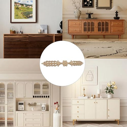 2Pcs Wood Appliques Onlays, Decorative Carved Wooden Trim for Furniture, Cabinet, Door, Bed, Wardrobe, DIY Unpainted Wood Decals, Smooth Surface 24.5x3.5cm/9.65”x1.38”