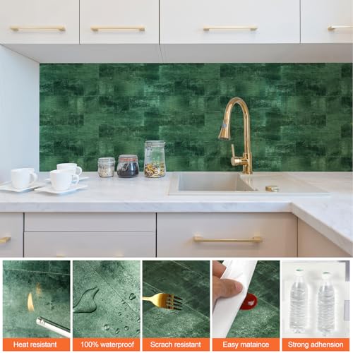 10 Sheets Dark Green PVC Subway Tiles Peel and Stick Backsplash,12''Heat Resistant Stick on Tiles for Kitchen,Waterproof Peel and Stick Wall Tiles for Bathrrom - color: Dark Green