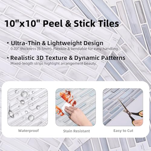 Tilingview 10PCS Peel and Stick Tile for Kitchen Backsplash, Strips Design Self-Adhesive Vinyl Tile, Plastic Wall Sticker (Blue White) - color: Narrow Blue White, size: 10"x10"x0.02"