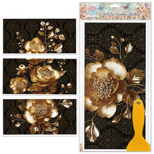 GLOBLELAND 3 Sheets 3D Gold Peony Rub on Transfer for Furniture 6×12 inch - style: 3D Golden Peony
