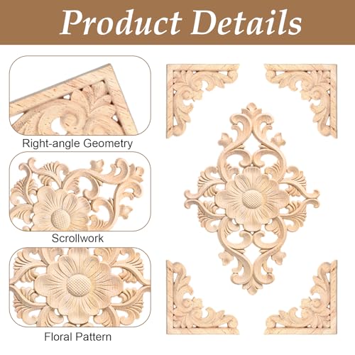 20 Pcs (4 Set) Wooden Appliques Decorative Carved Onlays, Wooden Carved Appliques DIY Decoration for Wood Furniture, Wood Carving Decals for Wall Cupboard Door Bed Cabinet