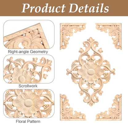 20 Pcs (4 Set) Wooden Appliques Decorative Carved Onlays, Wooden Carved Appliques DIY Decoration for Wood Furniture, Wood Carving Decals for Wall Cupboard Door Bed Cabinet