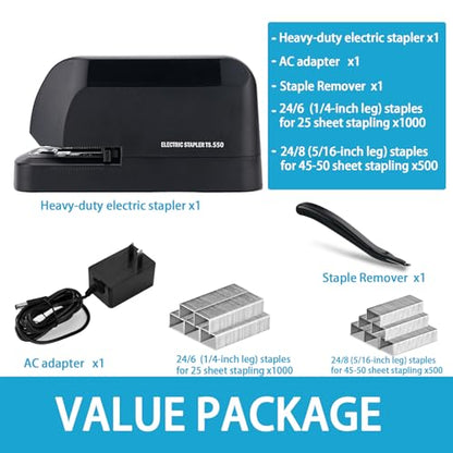 Heavy Duty Electric Stapler Value Pack, 45 Sheet Capacity, Includes 1500 Staples & Staple Remover, No-Jam, Faster Stapling, Automatic Stapler Desktop,AC Adapter Powered (Black) - color: Black