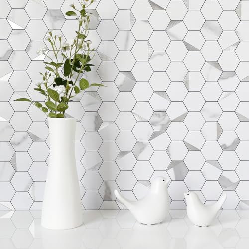 DICOFUN 1 Sheet Hexagon Tile Peel and Stick Backsplash, White Marble Look PVC Mixed Silver Metal Mosaic Tiles for Kitchen and Bathroom - color: Marble White + Silver Metal Chip, size: 1 Sheet, 12''x12''x0.12''