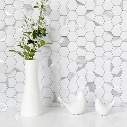 DICOFUN 1 Sheet Hexagon Tile Peel and Stick Backsplash, White Marble Look PVC Mixed Silver Metal Mosaic Tiles for Kitchen and Bathroom - color: Marble White + Silver Metal Chip, size: 1 Sheet, 12''x12''x0.12''