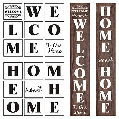 Welcome and Home Sweet Home Stencil - 18 Pack Large Vertical Welcome Home Sweet Home Sign Stencils Templates for Painting on Wood, Reusable Letter Stencils for Porch Signs & Front Door Decorations - style: Welcome and Home Sweet Home