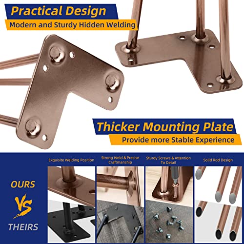 ROTHLEY Coffee Table Legs 16 Inch Hairpin Legs 3 Solid Rods Metal Table Legs Bench Legs for Furniture Set of 4 Furniture Feet with Floor Protectors Heavy Duty Desk Legs DIY Dresser Leg(Antique Copper) - size: 16 inch