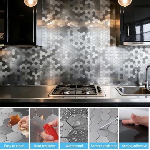 Art3d 10-Pack Metal Peel and Stick Backsplash Tile, Silver Hexagon - color: Silver Hexagon