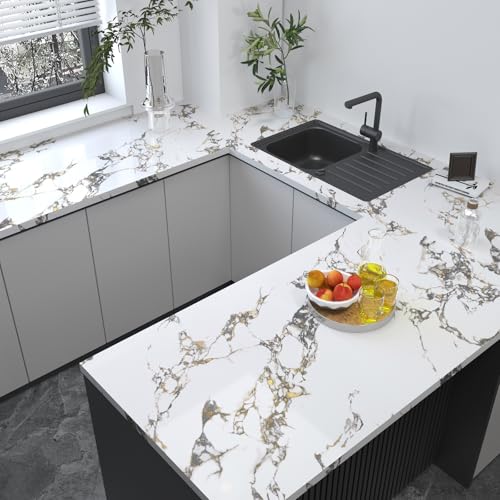 White Glossy Gold Veins Marble Contact Paper peel and stick Countertops Granite kitchen Wallpaper Adhesive 16x591inch Vinyl laminate sheets cabinets sticker Bathroom removable for Walls Wrapping Paper - color: White Gold, size: 16" x 591"