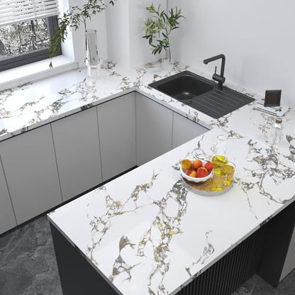 White Glossy Gold Veins Marble Contact Paper peel and stick Countertops Granite kitchen Wallpaper Adhesive 16x591inch Vinyl laminate sheets cabinets sticker Bathroom removable for Walls Wrapping Paper - color: White Gold, size: 16" x 591"