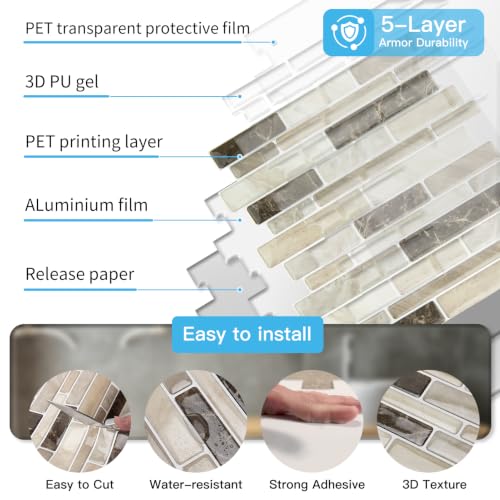 Art3d Linear Subway Design Peel and Stick Backsplash, 20-Sheet, Light Brown - color: Light Brown