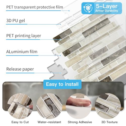 Art3d Linear Subway Design Peel and Stick Backsplash, 20-Sheet, Light Brown - color: Light Brown