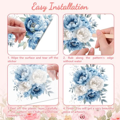 Peacoblue Blue and White Peony Rub On Transfers for Furniture Craft 6"x12" - style: Blue and White Peony
