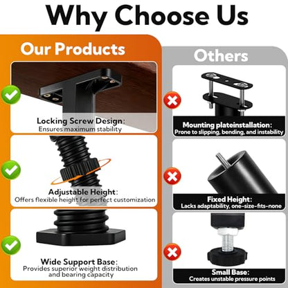 8 Pack Adjustable Bed Support Legs, 9 to 16.5 Inch with Screws