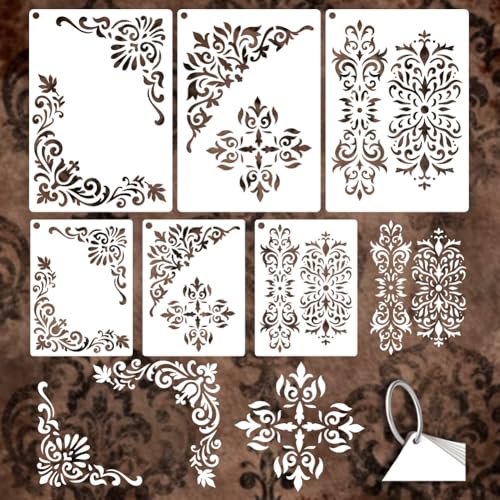6 Pcs 6 Styles Corner Stencils for Painting, Vintage Floral Border Stencil Reusable Decorative Painting Templates for Painting on Wall Wood Home Decor - style: French Corner
