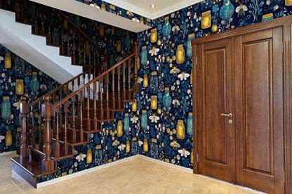 Enchanted Firefly Jar Peel and Stick Wallpaper, Night Botanical Wallpaper - color: ML-M036, size: 17.7" x 118"
