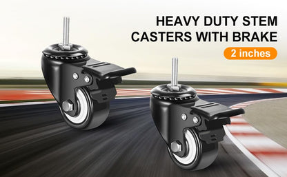 DICASAL 2" Swivel Stem Wheels, 1/4"-20x1 Imperial Threaded Stem Caster Mute No Noise Premium PU Material Wheels with Brake for Furniture and Industry Set of 4 - style: 2 Inch stem casters with imperial 1/4-20 thread