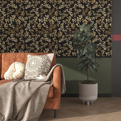Black Gold Vine Leaf Floral Peel and Stick Wallpaper 17.5" x 118" - color: Black/Gold, size: 17.5" x 118"