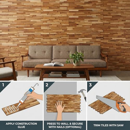 Bare Decor EZ-Wall 3D Mosaic Tile in Solid Teak Wood, Set of 10 Natural Finish Tiles - size: 10 sq ft