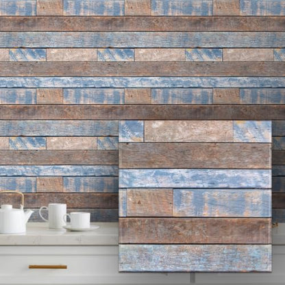 COMSTICKC 3D Peel and Stick Faux Wood Wall Sticker, 10 Pcs 11.8" x 11.8" - color: Brown-Blue