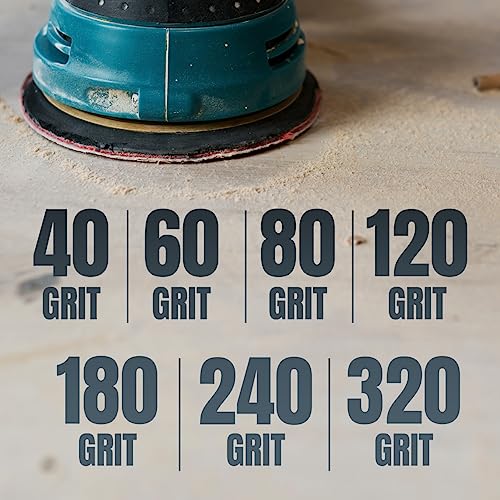 POWERTEC 40/80/120/220/320 Grit, 100 PK, 6 Inch Sanding Discs – Hook and Loop, 6-Hole Aluminum Oxide Orbital Sander Pads, Round Sandpaper for Random Orbital, Air, Pneumatic & DA Sanders (45200)