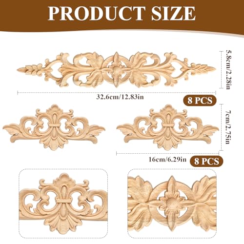 Supkiir 16Pcs Wood Appliques, Carved Unpainted DIY Decorative Wooden Applique Trim Decal Wood Embellishments for Furniture Cabinet Dresser Bed Wall 2 Sizes