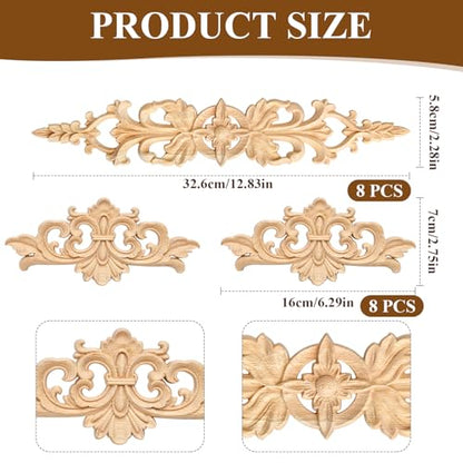Supkiir 16Pcs Wood Appliques, Carved Unpainted DIY Decorative Wooden Applique Trim Decal Wood Embellishments for Furniture Cabinet Dresser Bed Wall 2 Sizes