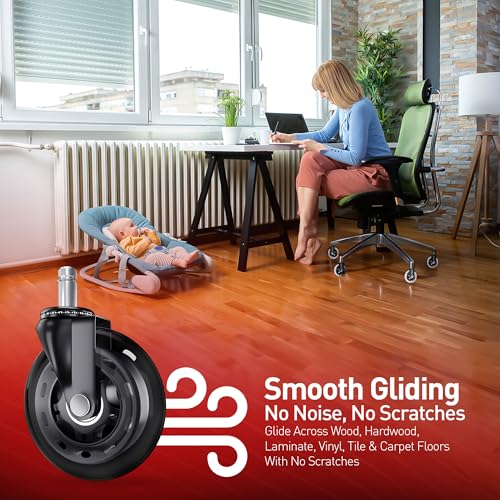 RIVEDA Office Chair Caster Wheels Set of 5 - Smooth 3 inch Heavy-Duty Replacement Rubber Wheels for Gaming & Desk Chair - Easy to Install, Suitable for Hardwood Floors, Carpet, Tiles (Black) - color: Black