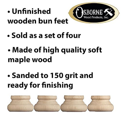 Osborne Squat Round Bun Foot in Soft Maple Wood (Set of Four), Unfinished Wooden Furniture Feet for Cabinets, Dressers, Couches, Sofas and More, Sanded and Ready to be Finished