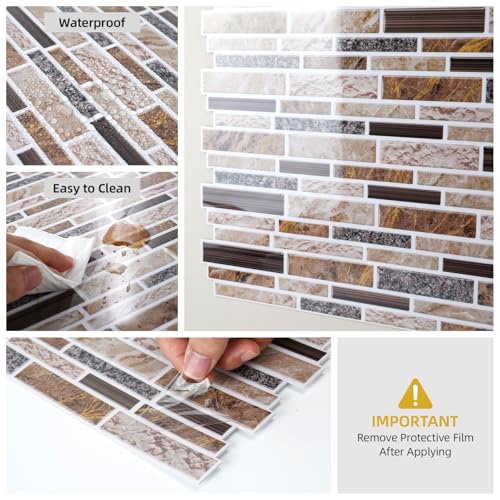 Vieshful Marble Peel and Stick Backsplash, 12 x 12 in, 10 Sheets - color: Dark Coffee Marble Mix, size: 10 Sheets