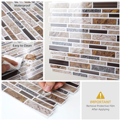 Vieshful Marble Peel and Stick Backsplash, 12 x 12 in, 10 Sheets - color: Dark Coffee Marble Mix, size: 10 Sheets