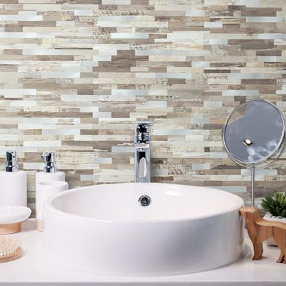 AULIGET Peel and Stick Backsplash, Beige Wood Look PVC Mixed Metal Stick on Bathroom Backsplash, 2 - color: Beige Wood + Metal Silver, size: 2 Sheets, 6"x12"x0.12"