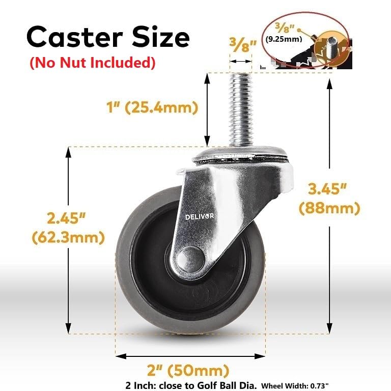 DELIVeR 2 Inch, Swivel Caster Wheels, Set of 4, 80 Lbs Per Caster, for Desk Chair, Office Chair, Stem Casters, Replacement Rubber Caster Wheels, Metal Threaded Stem 3/8”-16 x 1”