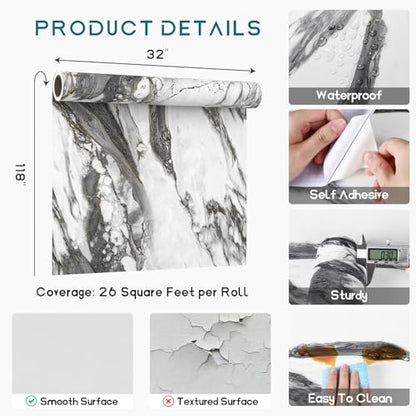 VEELIKE Wide Black and White Gold Marble Contact Paper for Countertops Waterproof Peel and Stick Thick Calacatta Marble Wallpaper 32''x118'' Self Adhesive Countertop Vinyl Wrap for Kitchen Bathroom - size: 32" x 118"