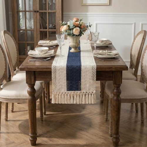 Boho Macrame Table Runner with Tassels 36in Blue Farmhouse Runner - color: White & Blue, size: 12'' x 36''