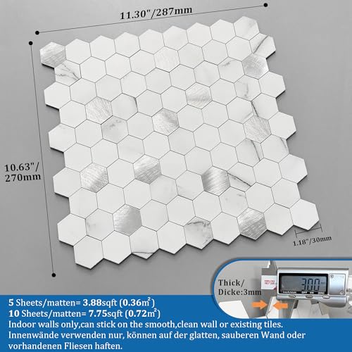 Peel and Stick Backsplash Hexagon Marble Tiles White Silver 10pcs - color: White Silver, size: 10sheets