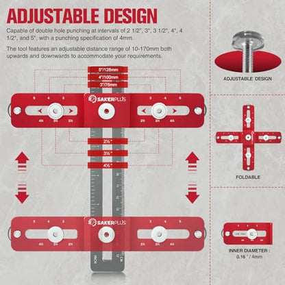 SakerPlus Cabinet Hardware Jig,Adjustable Cabinet Handle Template Tool for Knobs,Handles and Pulls,Straight Alignment Holes Drill Guide Self Centering Punch Locator for Drawer Cabinet Installation