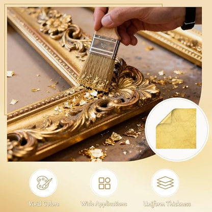 400Pcs Gold Leaf Sheets, 5.1"x5.1" Imitation Transfer Gold Leaf Sheets for Art, No Edible Glitter Gold Flakes Foil Paper Sheets for Nail Painting Jewelry Furniture Renovation & Gilding DIY Crafts