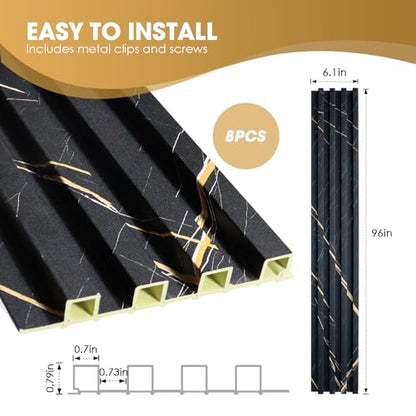 OUZUGIE WPC Acoustic Slat Wall Paneling, 8-Pack 96 x 6 Inches - color: Black marble, size: (High)96“ x 6"