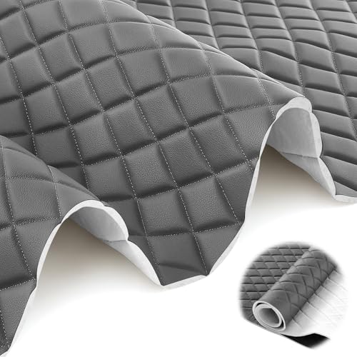 SmoothNovelty 2.1 Yards Diamond Quilted Vinyl Headliner Material 55 in Wide Faux Leather with Foam Backed 2" x 3" Diamonds Pattern Fabric for Car Furniture Upholstery(Dark Gray, White Thread) - color: Gray, size: 2.1 Yards