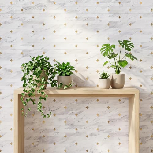 Peel and Stick Backsplash Tiles, 10-Sheet BPA-Free PVC White Mixed Gold Stellate, 12"x12" Waterproof Heat Resistant Geometric Flower Tile for Kitchen Bathroom Fireplace RV - color: White Mixed Gold Stellate