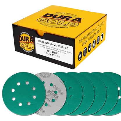 Dura-Gold 5" Green Film Sanding Discs, 220 Grit, 8-Hole, Box of 50, H & L - style: 220 Grit