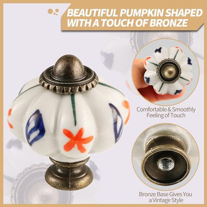 12pcs Ceramic Pumpkin Knobs - Red Flower & Blue Leaf - style: Red Flower & Blue Leaf